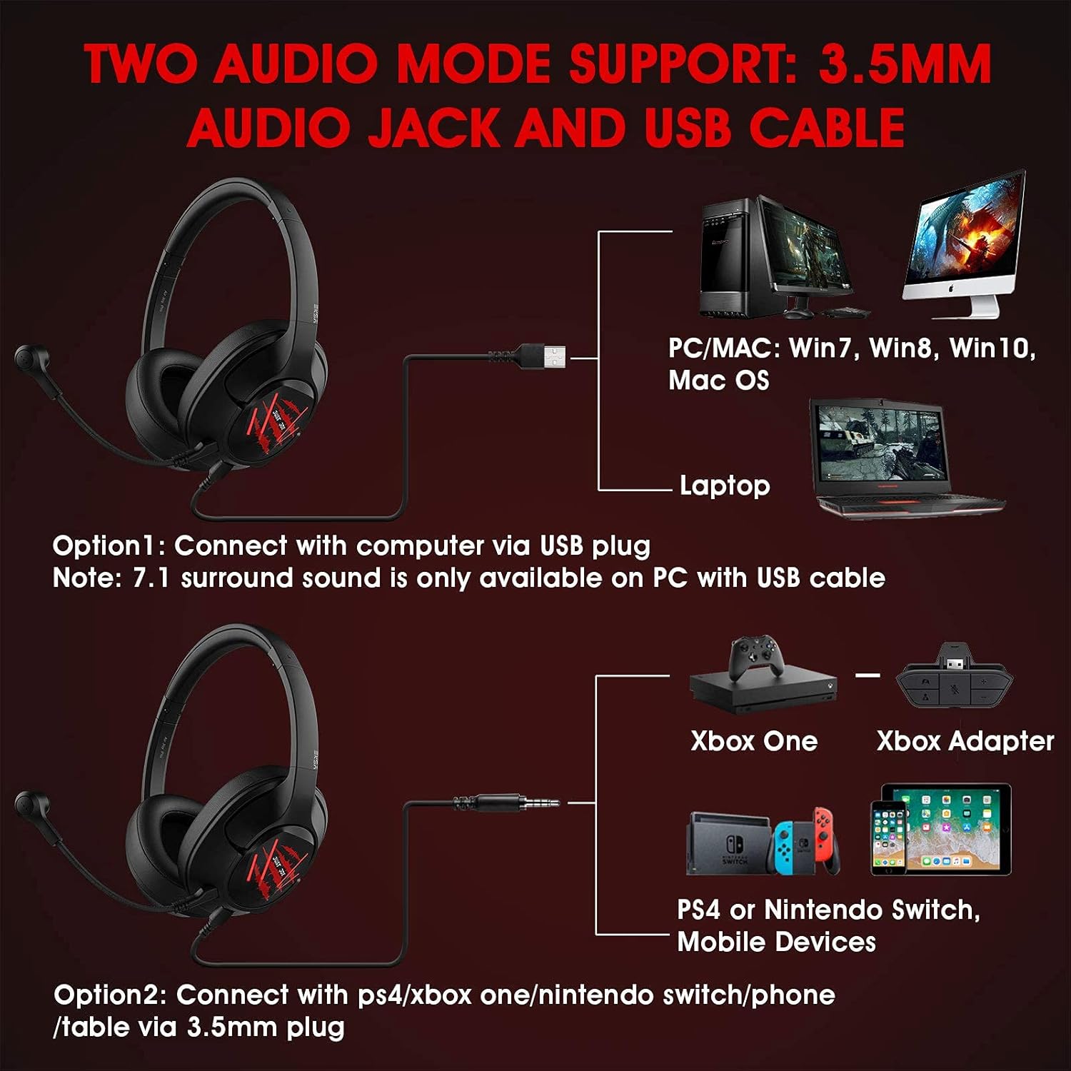 EKSA Air Joy Pro Red 7.1 Surround Sound Gaming Headset