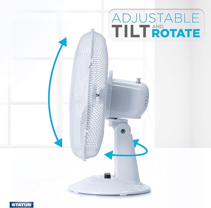 Status 16 inch Oscillating portable Desk Fan | 3 Speed Adjustable Angle Fan | White | S16DESKFAN1PKB