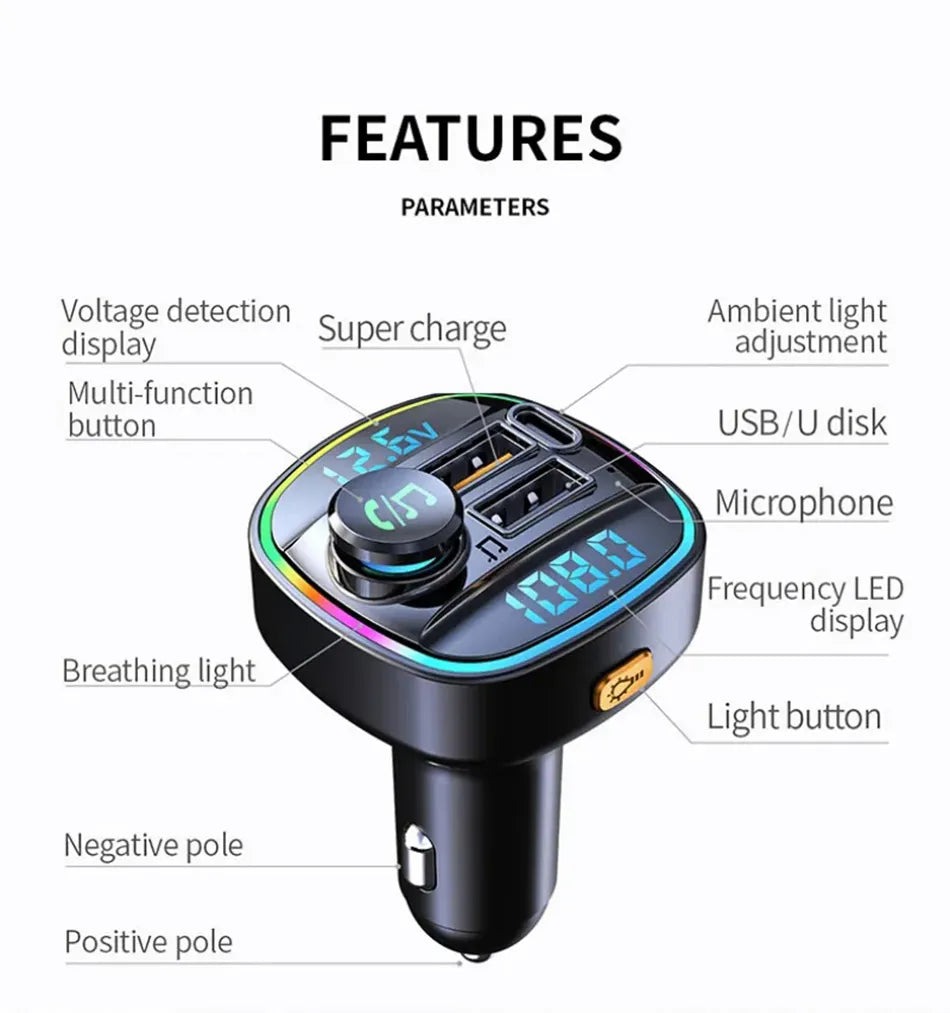 C22 Car Bluetooth 5.0 LED FM Transmitter Wireless Handsfree Car Kit MP3 Audio Player LED Light Voltage Display QC 3.0 PD Charger
