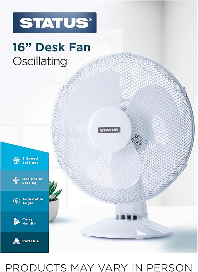 Status 16 inch Oscillating portable Desk Fan | 3 Speed Adjustable Angle Fan | White | S16DESKFAN1PKB