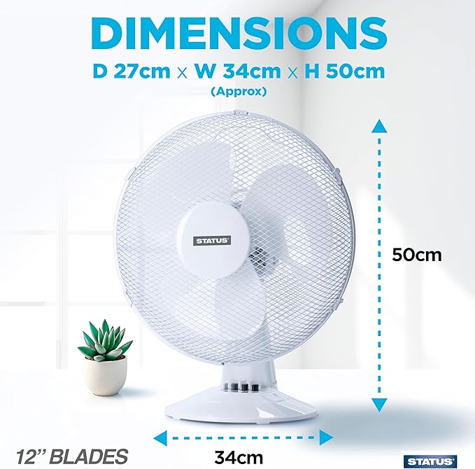 Status 16 inch Oscillating portable Desk Fan | 3 Speed Adjustable Angle Fan | White | S16DESKFAN1PKB