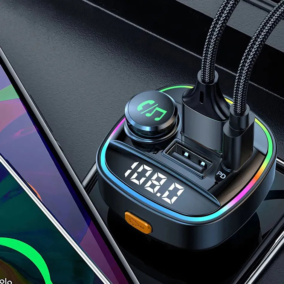 C22 Car Bluetooth 5.0 LED FM Transmitter Wireless Handsfree Car Kit MP3 Audio Player LED Light Voltage Display QC 3.0 PD Charger