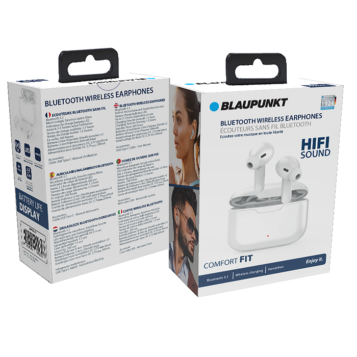 Blaupunkt True Wireless Earbuds, Magnetic, Hands free, with charging case – White