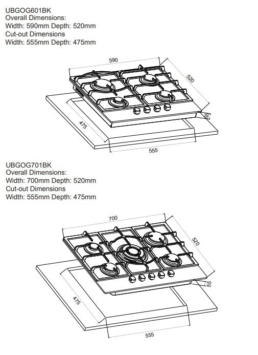 Cata 60 cm Gas-on-Glass Hob Black