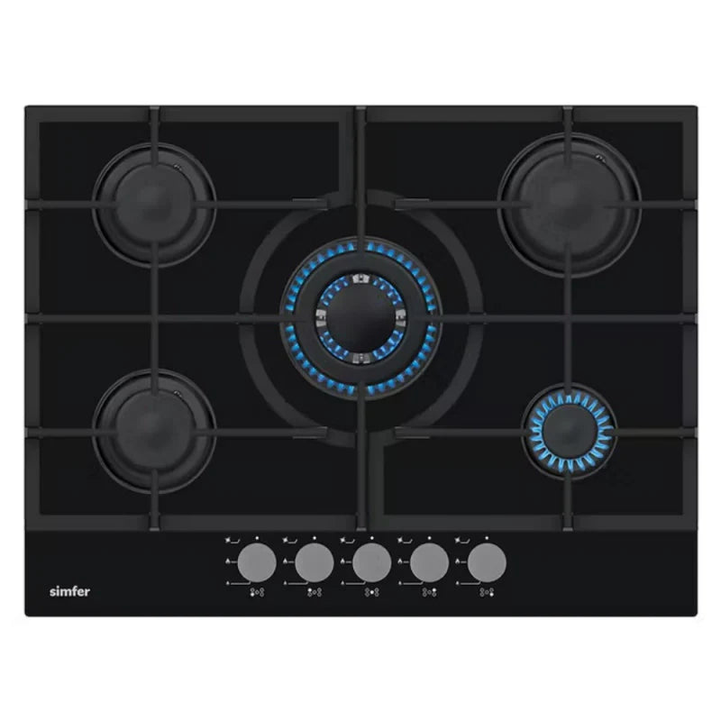 Simfer 70cm 5 Ring Gas Hob Black Glass SIMH7GW504HB