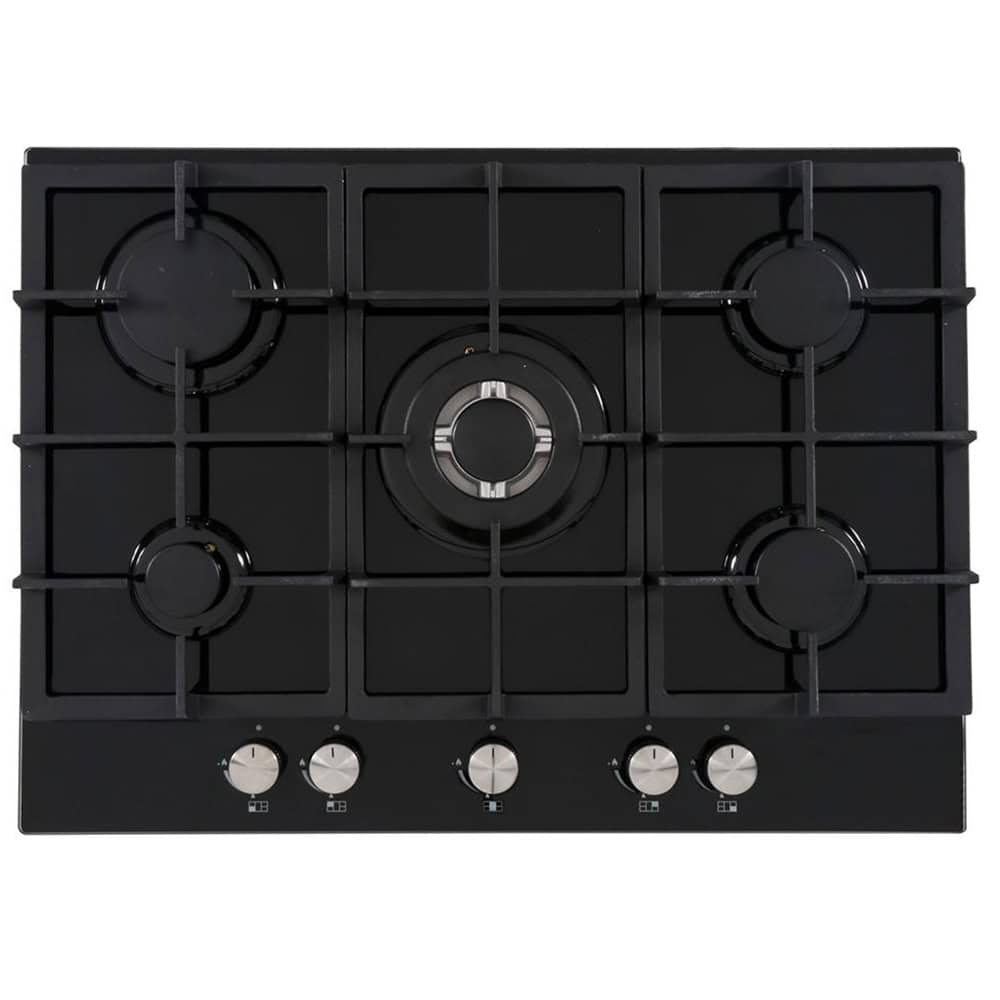 Cata 70 cm Black Glass 5-Burner Gas Hob – Wok-Ready, Cast-Iron Supports