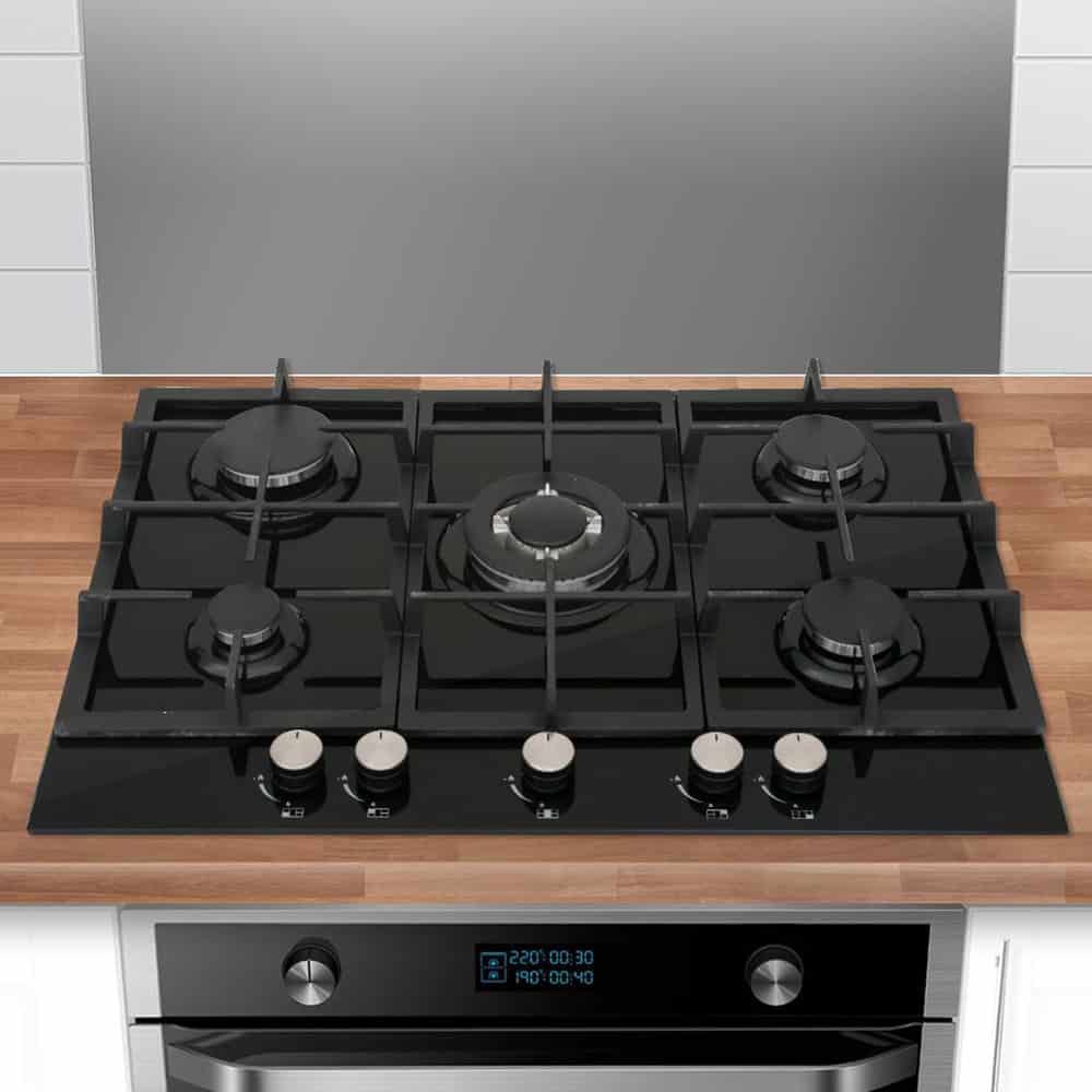 Cata 70 cm Black Glass 5-Burner Gas Hob – Wok-Ready, Cast-Iron Supports