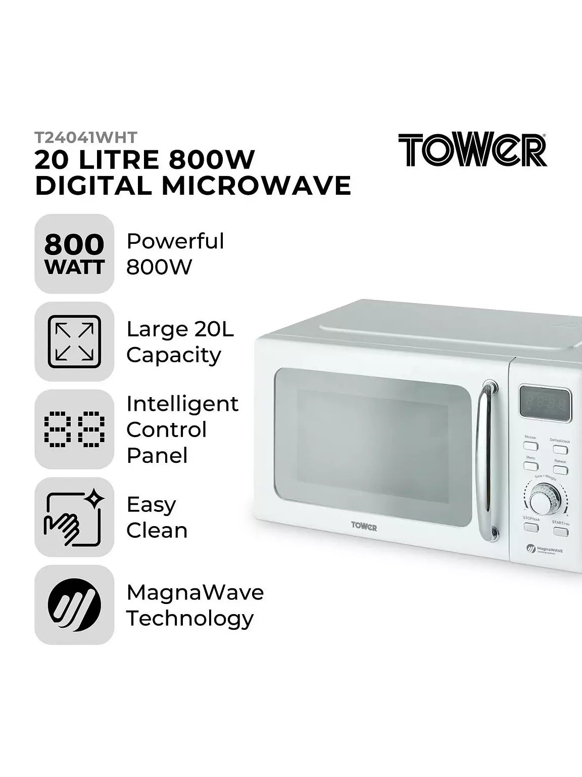 Tower 800 W 20 L Digital Microwave Oven, White & Chrome