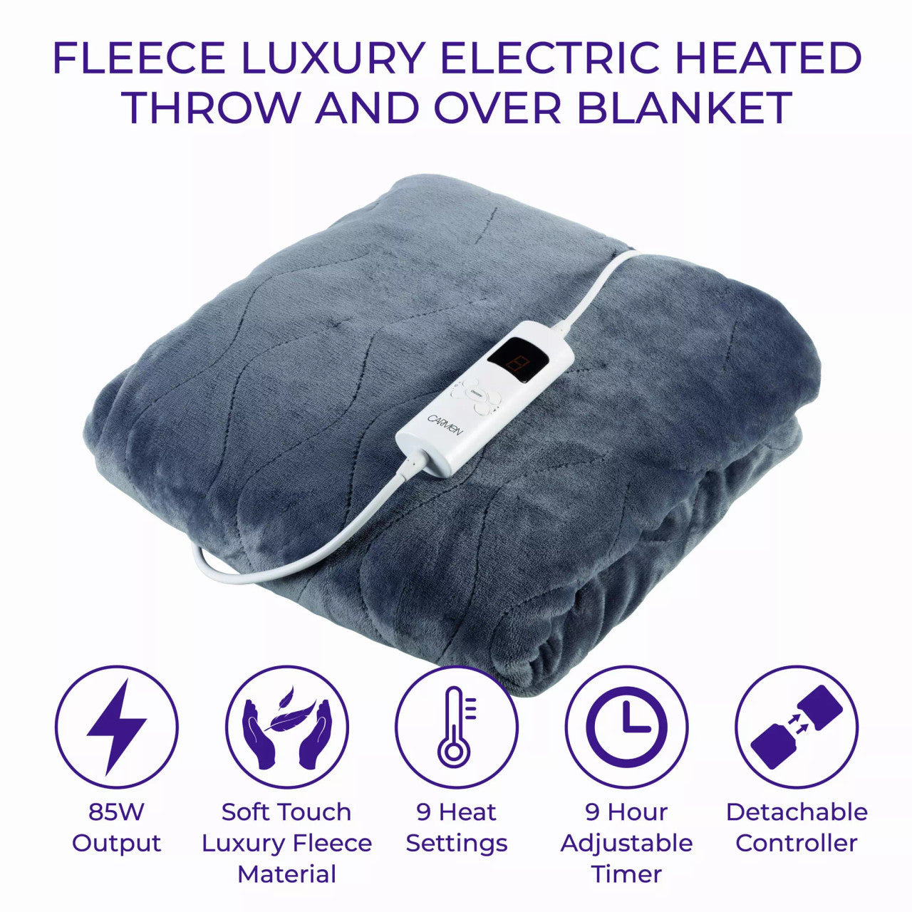 Carmen C81148 Fleece Luxury Electric Heated Throw and Over Blanket | Grey