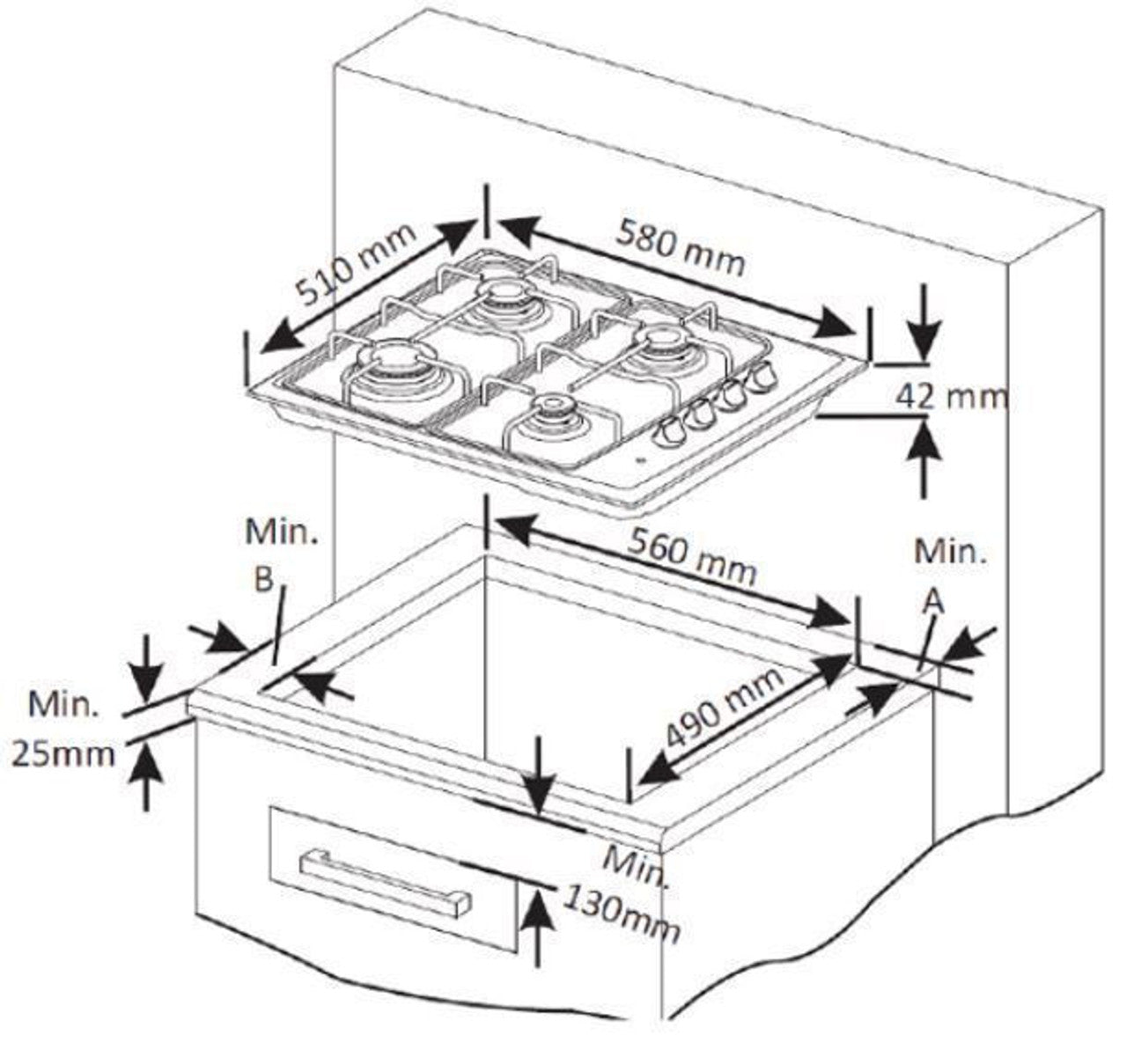 NordMende 60cm 4 x Burner Gas Hob Enamel Pan Supports Stainless Steel