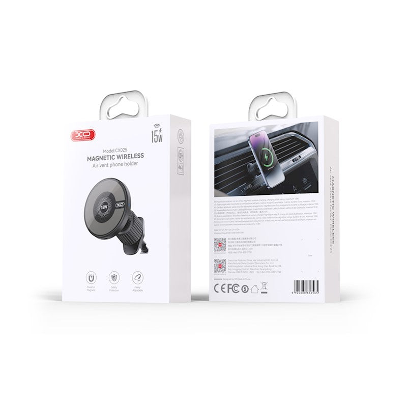XO car holder magnetic CX025 with wireless inductive charger 15W black air vent for MagSafe