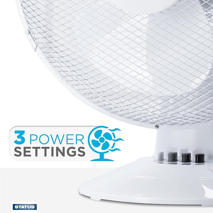 Status 16 inch Oscillating portable Desk Fan | 3 Speed Adjustable Angle Fan | White | S16DESKFAN1PKB