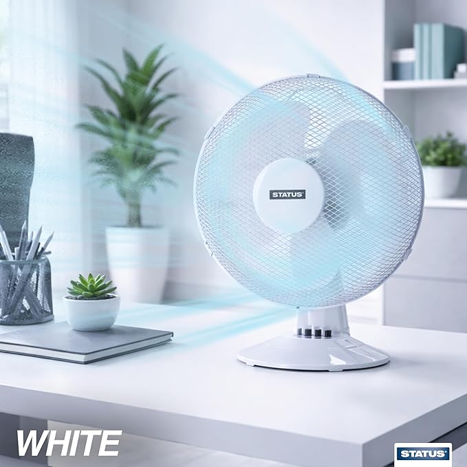 Status 16 inch Oscillating portable Desk Fan | 3 Speed Adjustable Angle Fan | White | S16DESKFAN1PKB