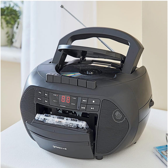 Groove GVPS833/BK Traditional Boombox Portable CD & Cassette Player with Radio | Black