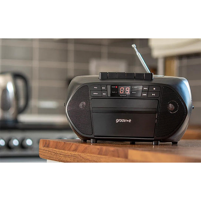 Groove GVPS833/BK Traditional Boombox Portable CD & Cassette Player with Radio | Black