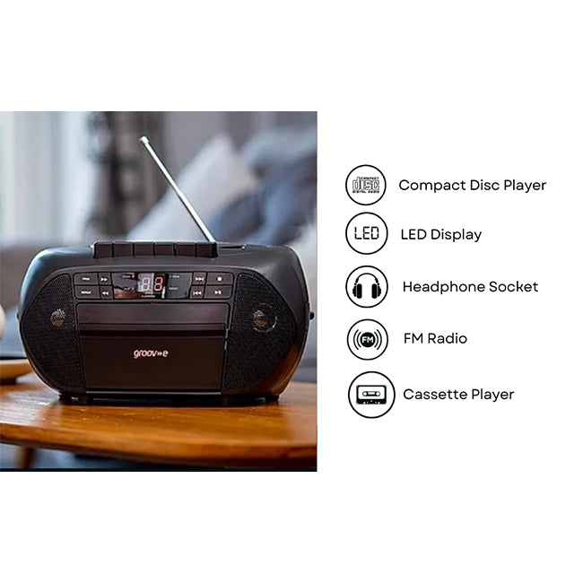 Groove GVPS833/BK Traditional Boombox Portable CD & Cassette Player with Radio | Black