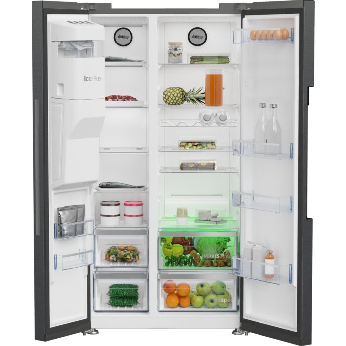 Beko Pro HarvestFresh American-Style Fridge Freezer Brushed Black Steel