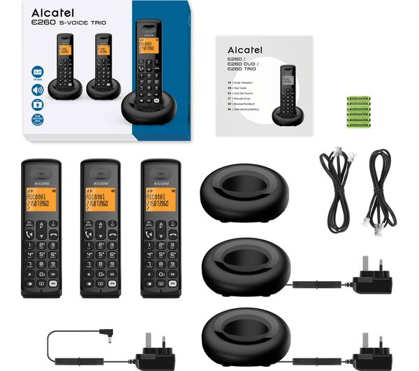 ALCATEL E260 S-voice TAM Cordless Phone - Triple Handsets, Black