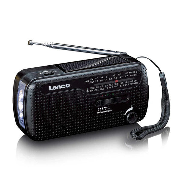 LENCO MCR-113BK - Portable Hand Crank Emergency Radio, Flashlight and Power Bank in One - Black