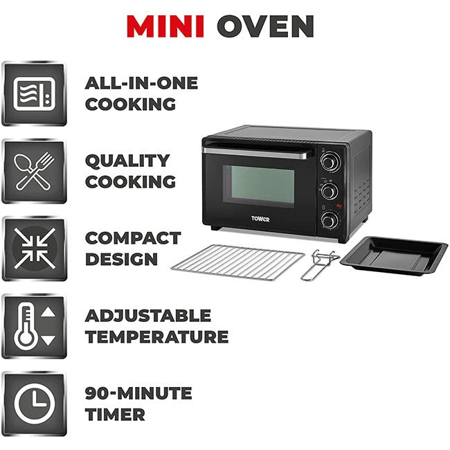Tower T14043 23L Mini Oven Black with Silver Accents